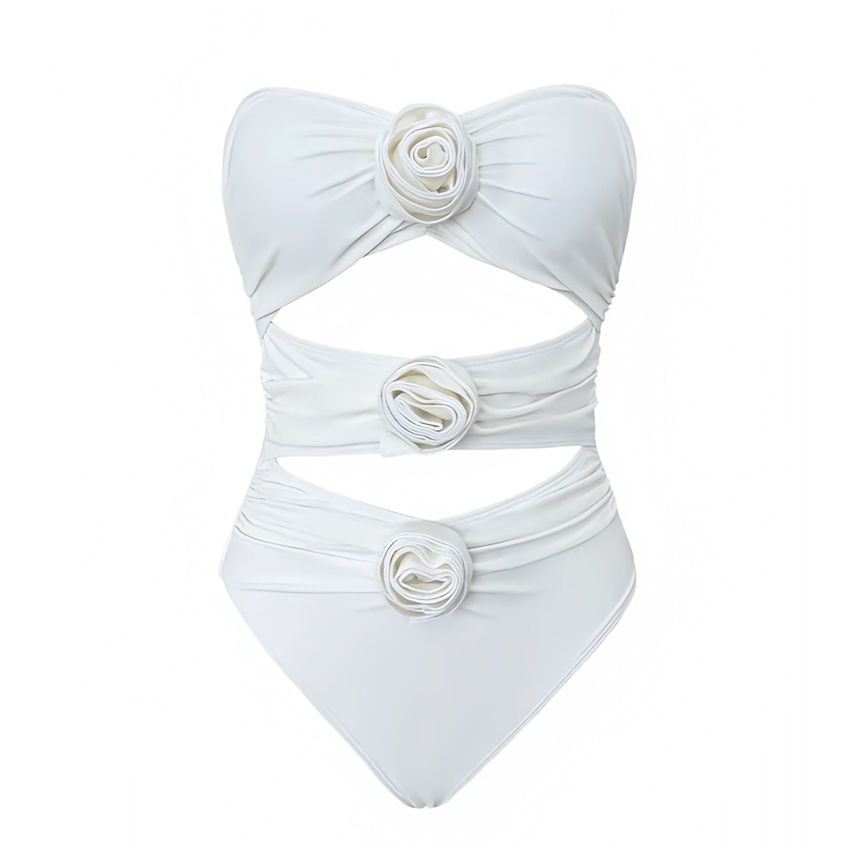 Women’s White Rose Cut Out Strapless Bandeau One Piece Swimsuit
