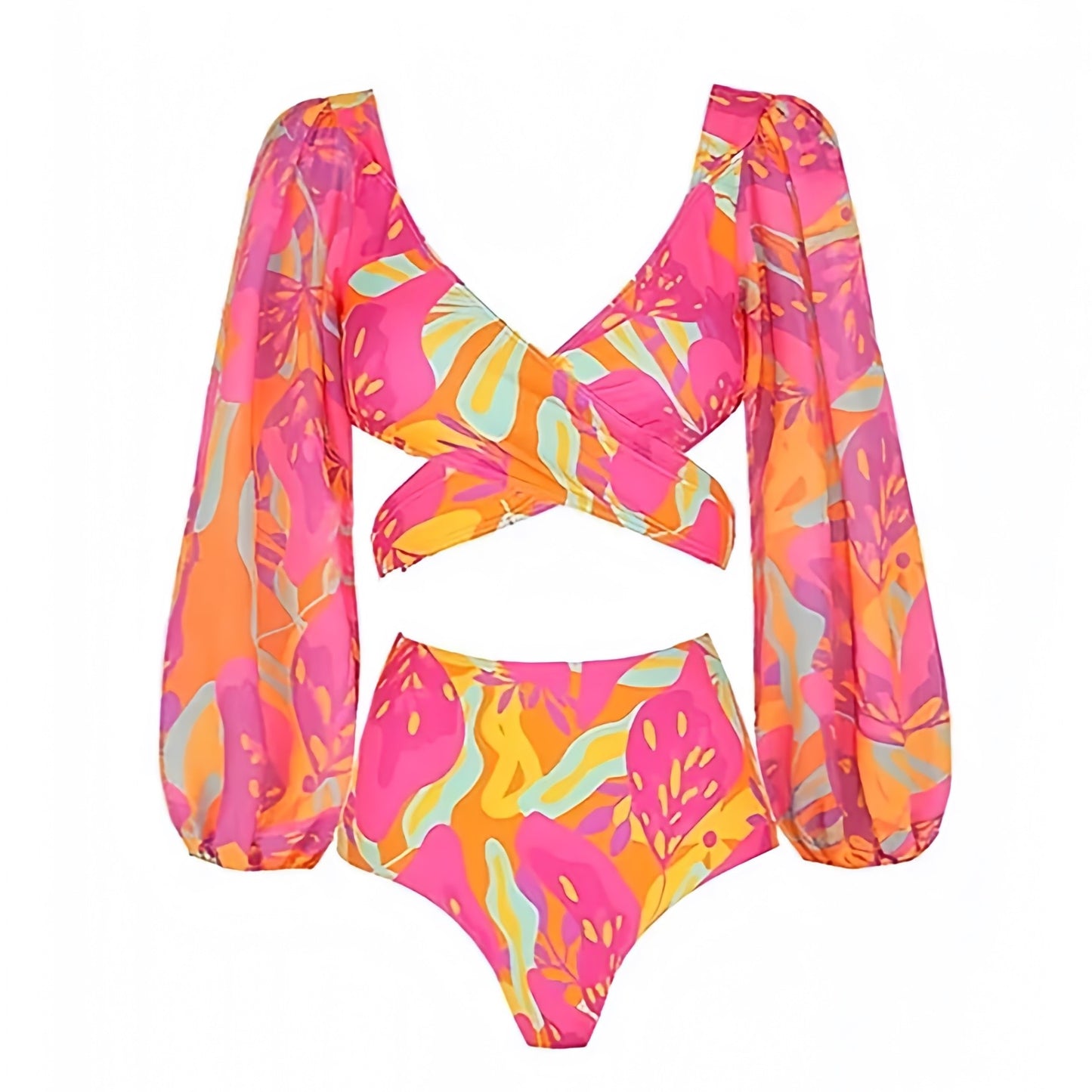 rainbow-pink-yellow-orange-neon-multi-color-flower-patterned-cut-out-v-neck-long-puff-sheer-sleeve-backless-open-back-wireless-push-up-cheeky-thong-boho-bohemian-2-piece-bikini-set-top-and-bottoms-swimsuit-swimwear-bathing-suit-women-ladies-teens-tweens-chic-trendy-spring-2024-summer-feminine-preppy-style-hawaiian-tropical-vacation-beach-wear-revolve-frankies-bikinis-blackbough-kulakinis-dupe