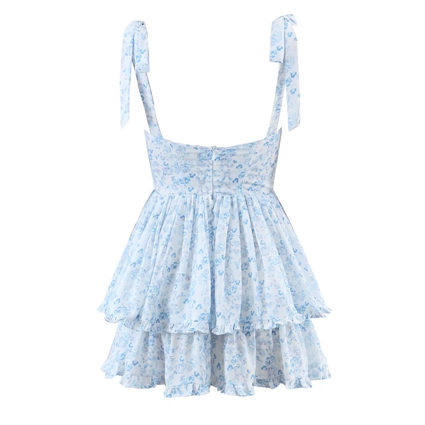 Charlotte Blue Floral Print Corset Layered Ruffle Spaghetti Strap Mini Dress
