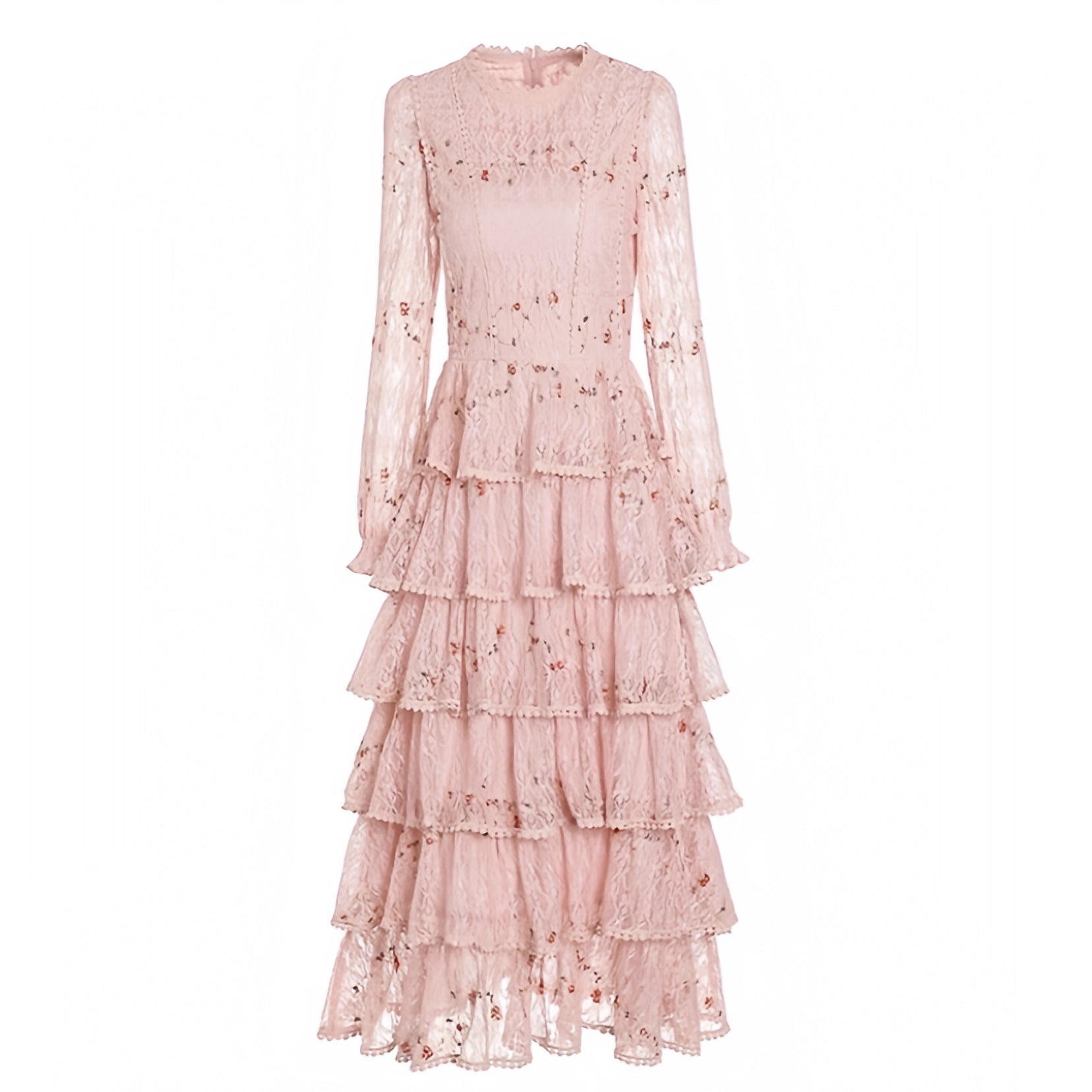 Pink Floral Lace Embroidered Layered Ruffle Long Sleeve Midi Dress Dazey Hill Pink Floral Lace Embroidered Layered Ruffle Long Sleeve Midi Dress Dazey Hill