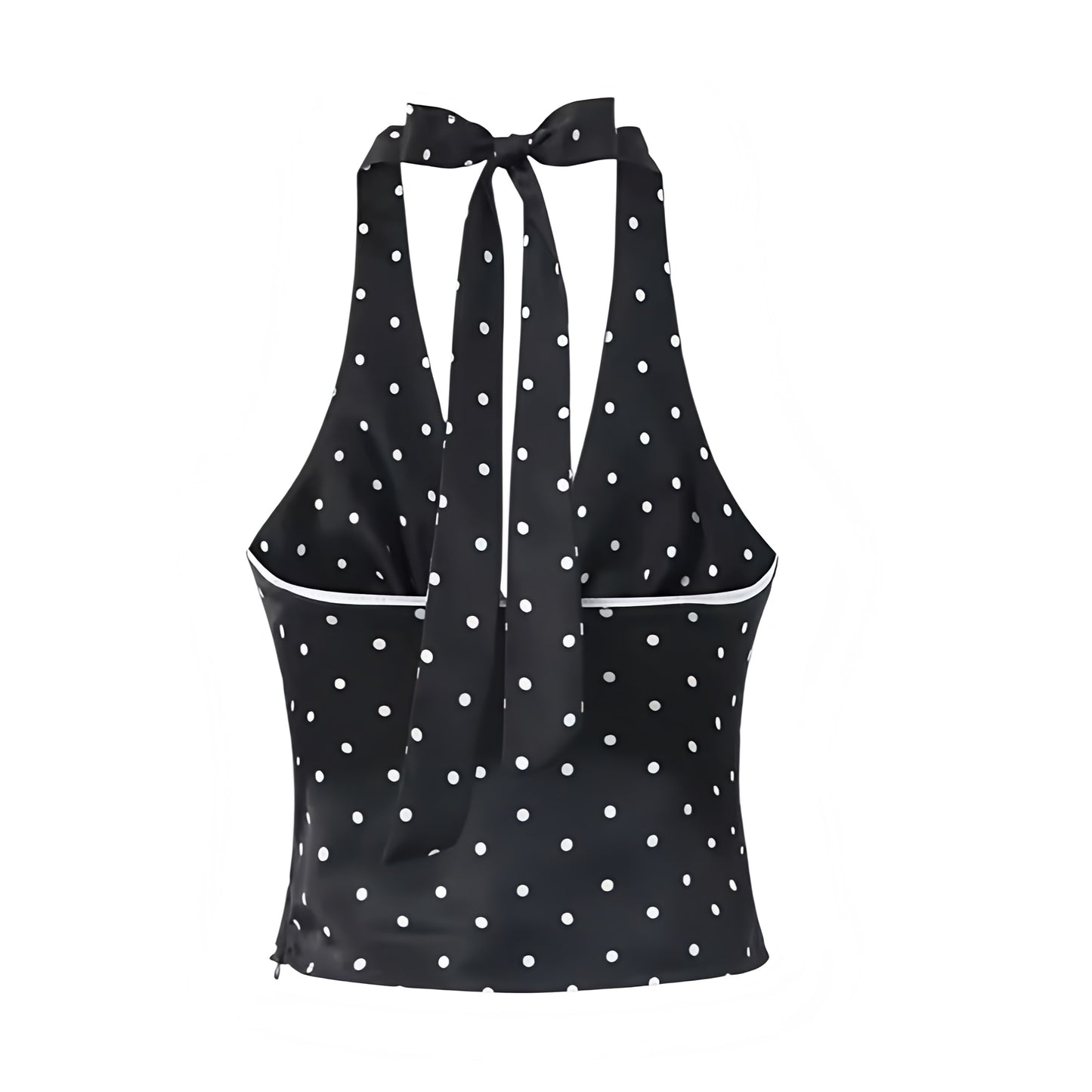 Black & White Polka Dot Satin V-Neck Sleeveless Halter Crop Top