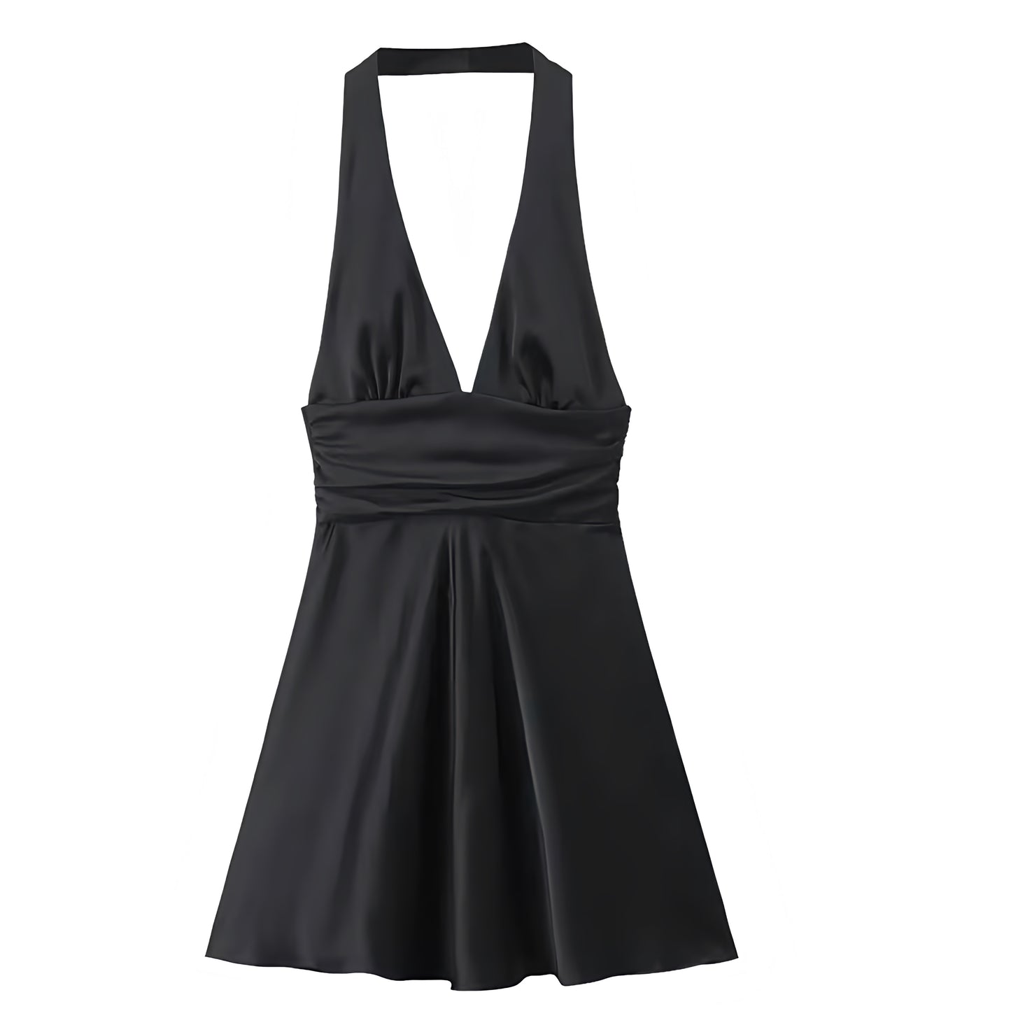 Black Satin Bow Drop Waist Backless Halter Mini Dress