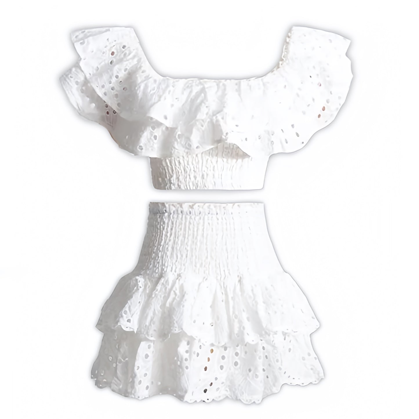 white-ivory-eyelet-embroidered-scalloped-broderie-anglaise-patterned-layered-ruffle-smocked-tiered-shirred-bodice-fitted-waist-bodycon-slim-fit-short-sleeve-off-shoulder-square-neck-line-crop-top-blouse-mini-skirt-2-piece-dress-set-couture-women-ladies-spring-2024-summer-chic-trendy-elegant-casual-semi-formal-feminine-classy-preppy-style-party-prom-european-beach-wear-vacation-sundress-gown-charo-ruiz-zimmerman-revolve-loveshackfancy-fillyboo-cb-positano-dupe