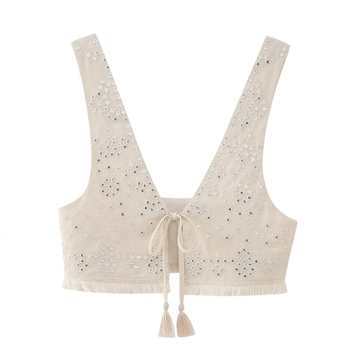 Light Beige Sequin Embroidered Fringe Trim V-Neck Sleeveless Crop Tank Top