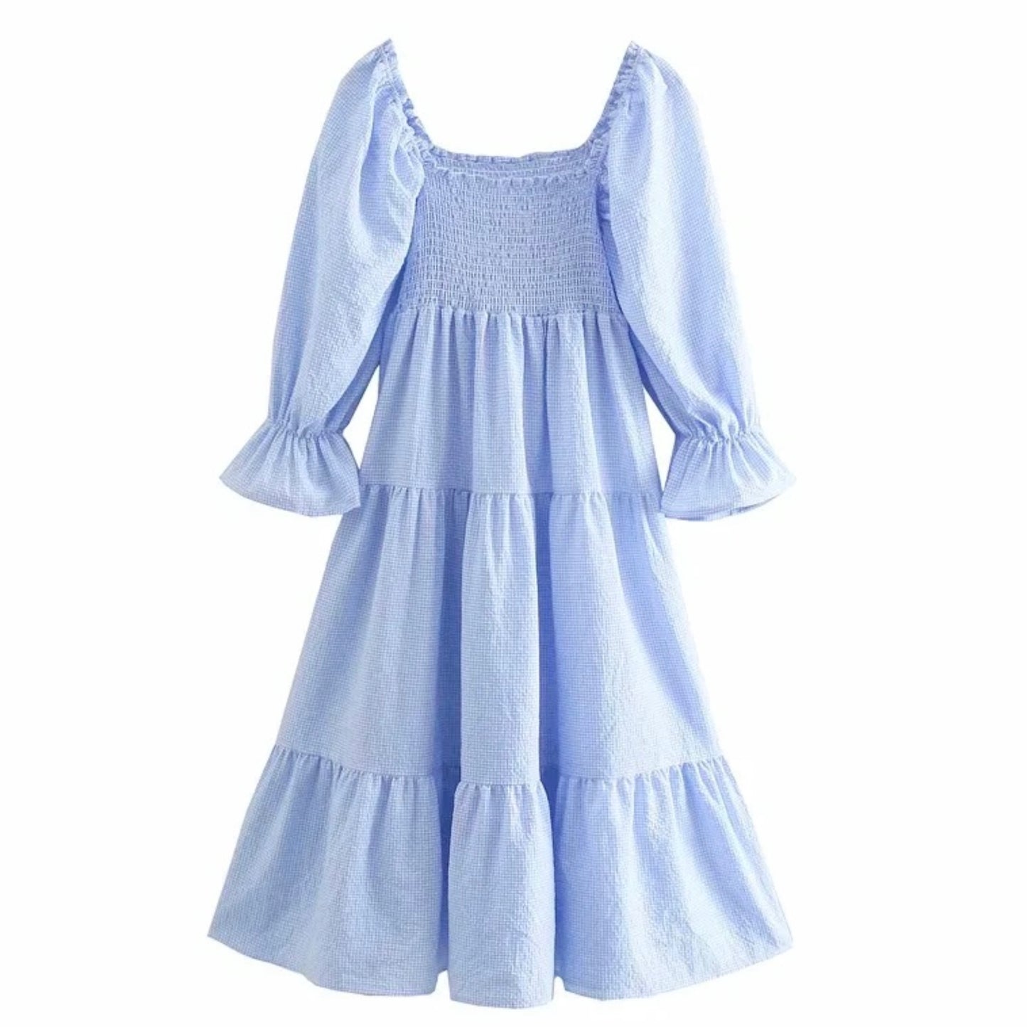 light-blue-white-gingham-checkered-striped-plaid-patterned-slim-fitted-bodycon-smocked-shirred-bodice-drop-waist-ruffle-trim-fit-and-flare-long-puff-sleeve-square-neckline-bow-tie-backless-open-back-tiered-linen-flowy-boho-bohemian-midi-long-maxi-dress-gown-women-ladies-teens-tweens-chic-trendy-spring-2024-summer-elegant-casual-semi-formal-feminine-classy-classic-preppy-style-prom-homecoming-hoco-coastal-granddaughter-grandmillennial-european-vacation-sundress-altard-state-zara-revolve-dupe