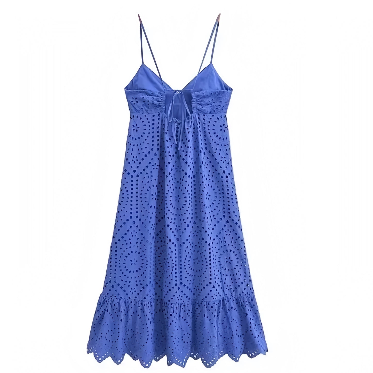 Dark Blue Eyelet Embroidered Ruffle Trim Spaghetti Strap Backless Maxi Dress