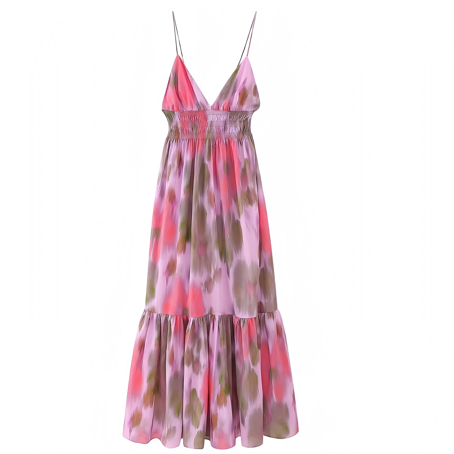Malta Multi-Color Smocked Spaghetti Strap Tiered Backless Maxi Dress