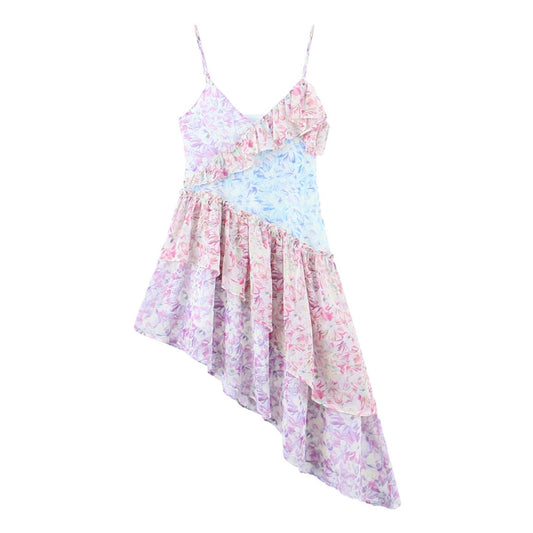 Serenity Floral Layered Ruffle Trim Asymmetric Spaghetti Strap Maxi Dress