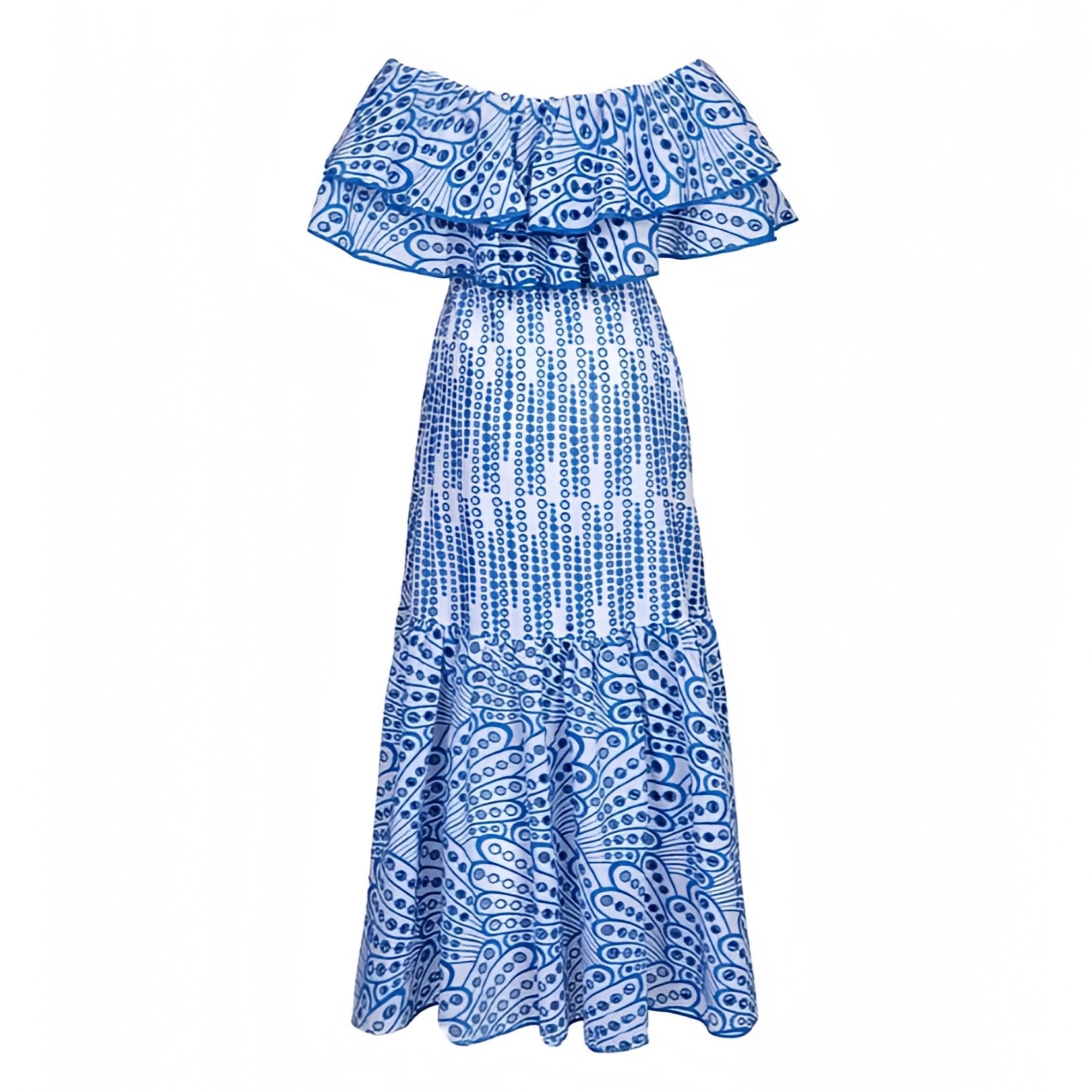 Blue Eyelet Embroidered Layered Ruffle Smocked Off Shoulder Maxi Dress Dazey Hill Blue Eyelet Embroidered Layered Ruffle Smocked Off Shoulder Maxi Dress Dazey Hill