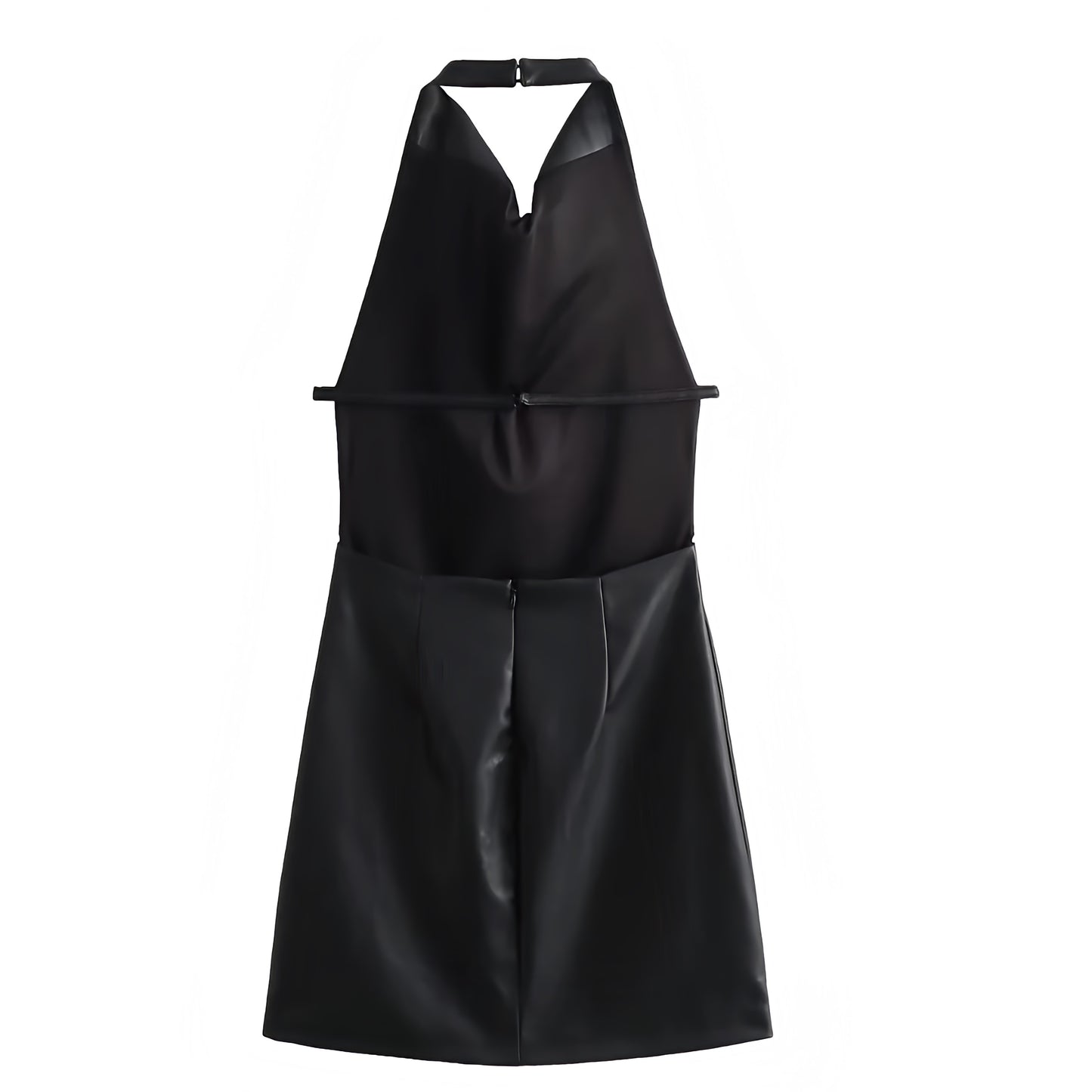 Black Faux Leather Bodycon Sleeveless Draped Backless Halter Mini Dress