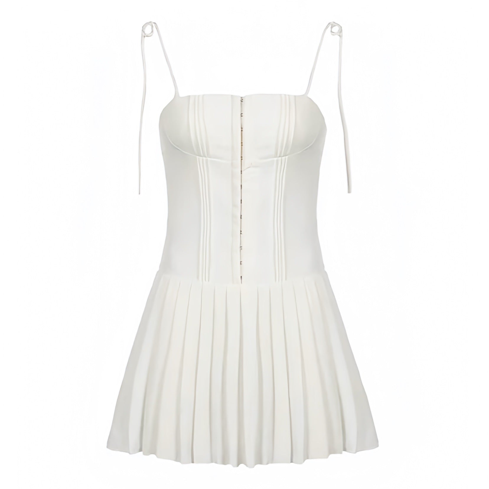 white drop waist pleated dress Paris Midi Dress - Strapless Drop Waist Pleated Knit Dress in White
