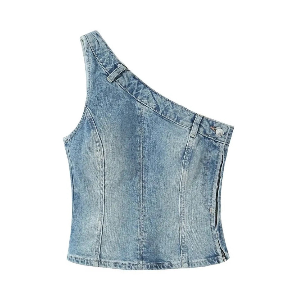 Light Wash Blue Faded Vintage Slim Fit Asymmetric Denim Tank Top