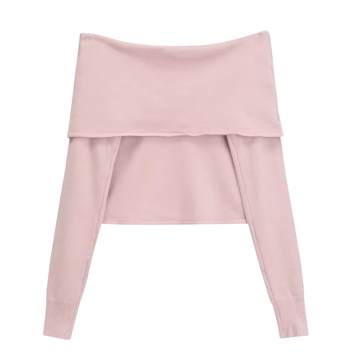 Light Pink Knit Off-Shoulder Long Sleeve Cropped Pullover Sweater