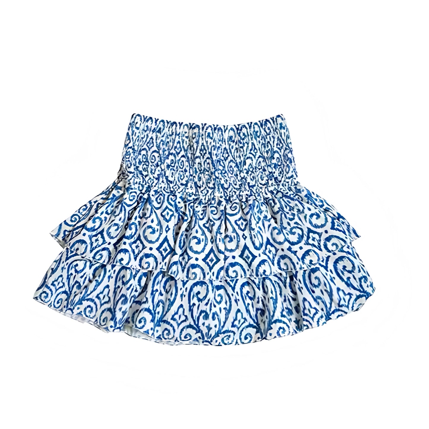Santorini Blue Patterned Layered Ruffle Smocked Tiered Mini Skirt