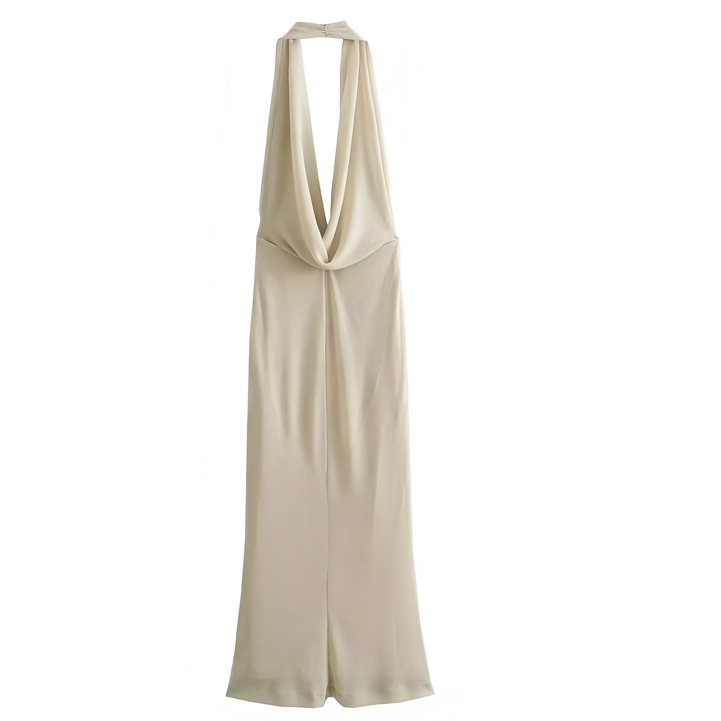 Beige Bodycon Draped Sleeveless Scoop Neck Backless Halter Maxi Dress