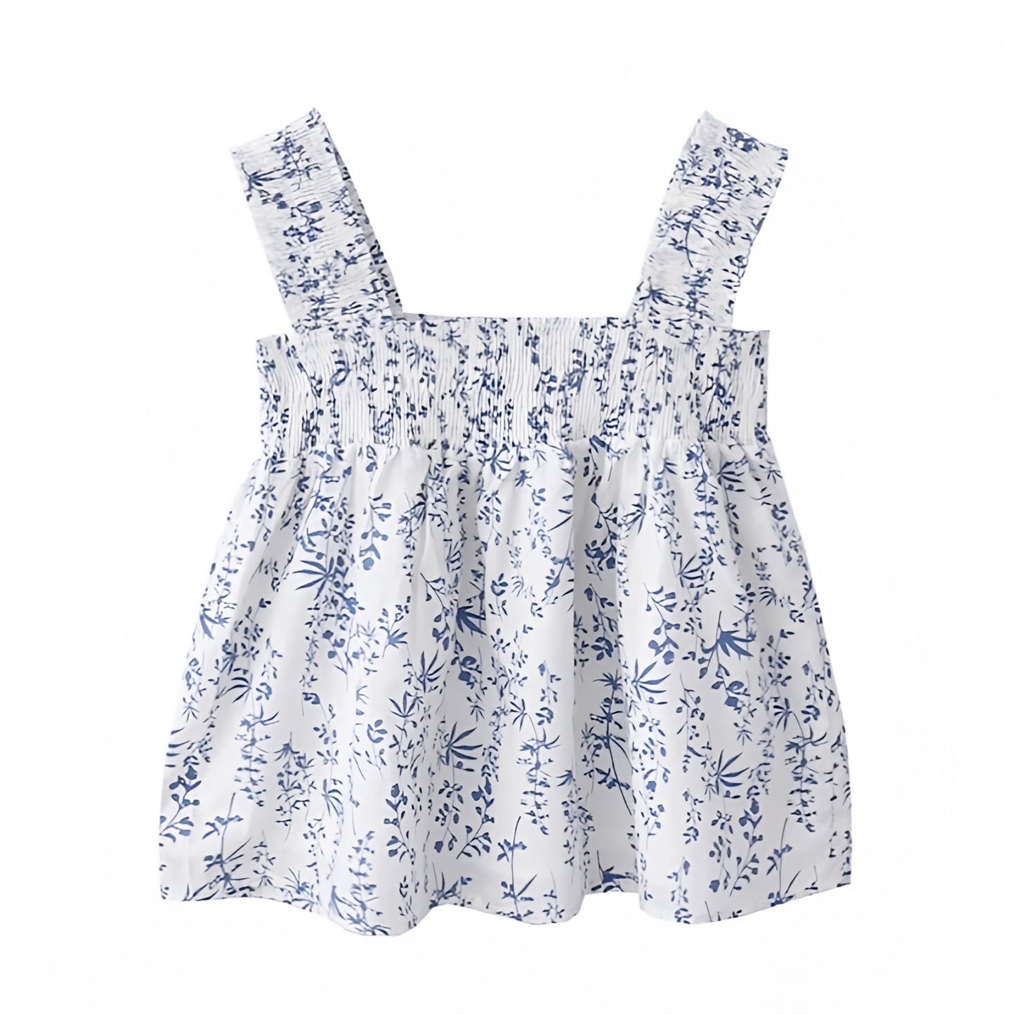 floral-print-navy-dark-light-blue-and-white-flower-patterned-smocked-ruffle-sleeveless-cami-crop-tank-top-blouse-women-ladies-chic-trendy-spring-2024-summer-elegant-feminine-casual-beach-wear-preppy-style-coastal-granddaughter-tropical-vacation-shirt-grey-bandit-zara-pacsun-brandy-melville