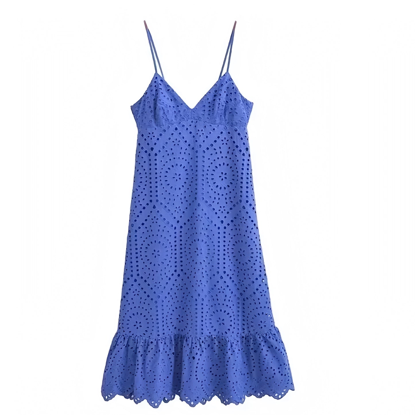 Dark Blue Eyelet Embroidered Ruffle Trim Spaghetti Strap Backless Maxi Dress