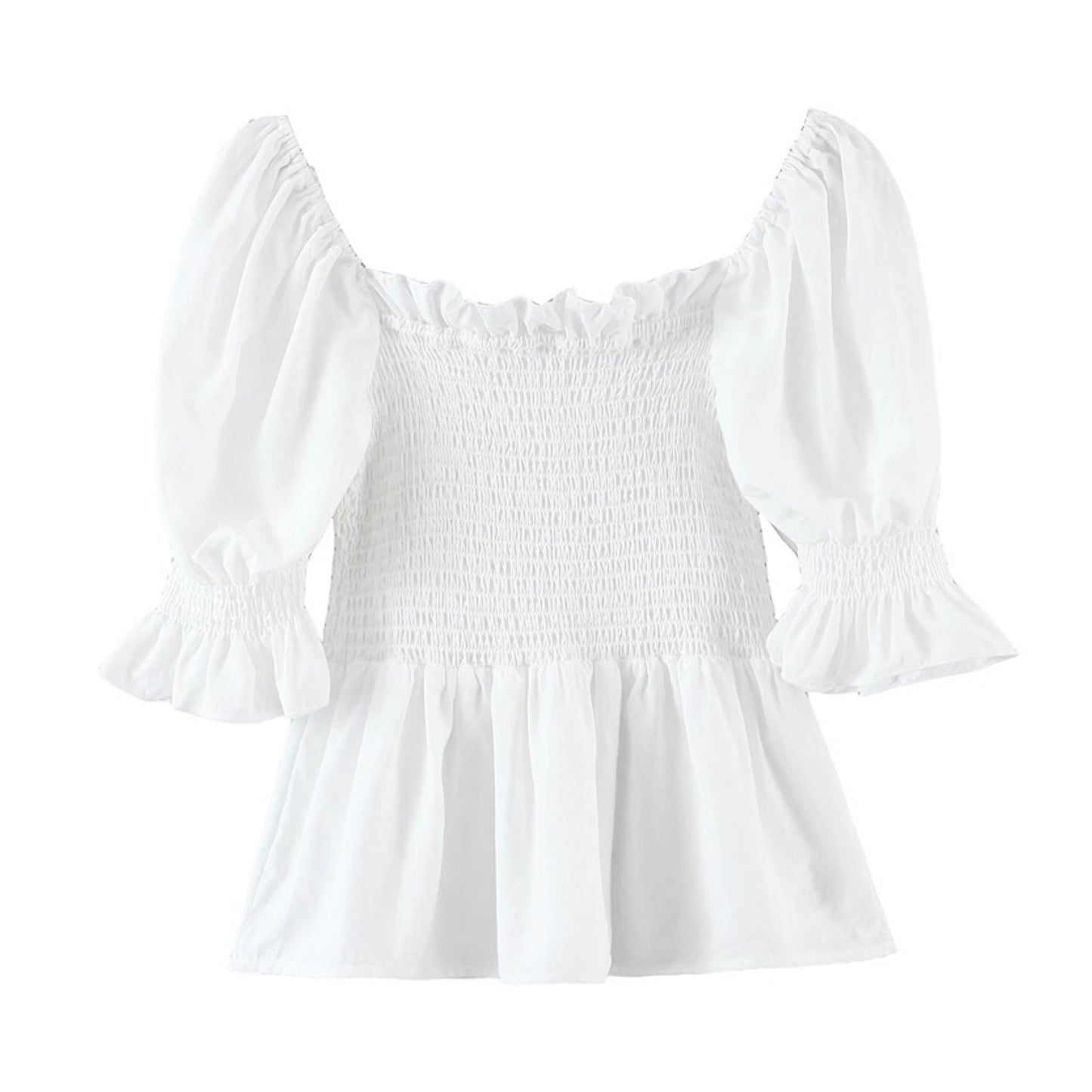 white-slim-fitted-smocked-shirred-bodice-fit-and-flare-ruffle-trim-short-puff-sleeve-square-neckline-tiered-linen-boho-bohemian-full-length-hip-camisole-top-blouse-shirt-women-ladies-teens-tweens-chic-trendy-spring-2024-summer-elegant-casual-feminine-classy-classic-preppy-coastal-granddaughter-grandmillennial-european-vacation-beach-wear-stockholm-style-tops-altard-state-zara-revolve-subdued-aritzia-loveshackfancy-dupe