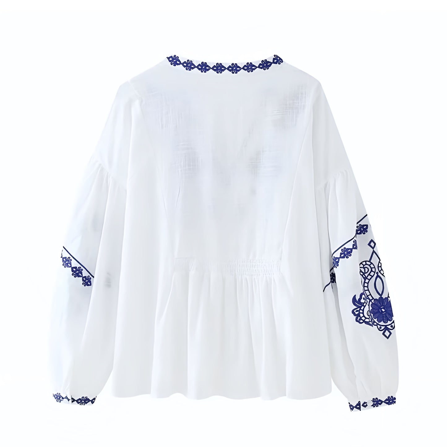 Mykonos Blue Floral Embroidered V-Neck Long Sleeve Blouse Top