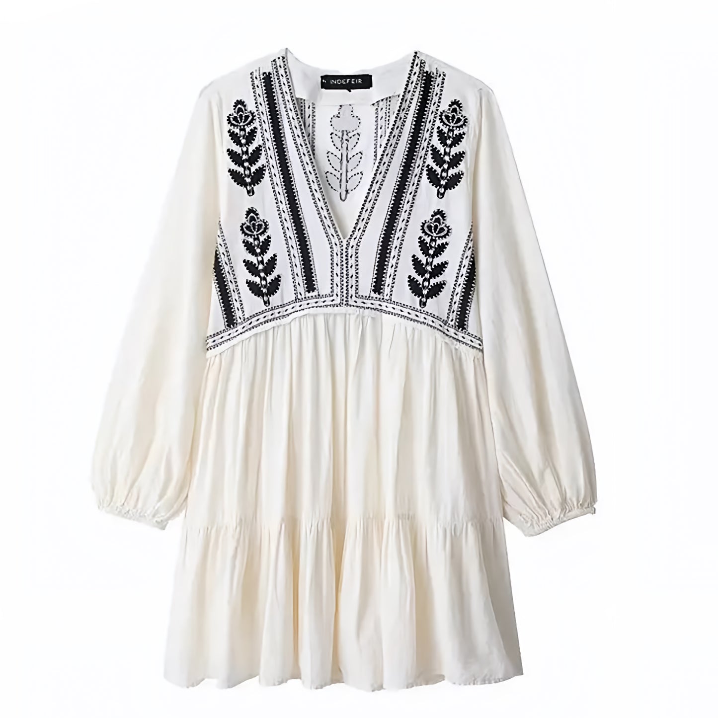 Athens Floral Embroidered Tiered Long Puff Sleeve Boho Mini Dress