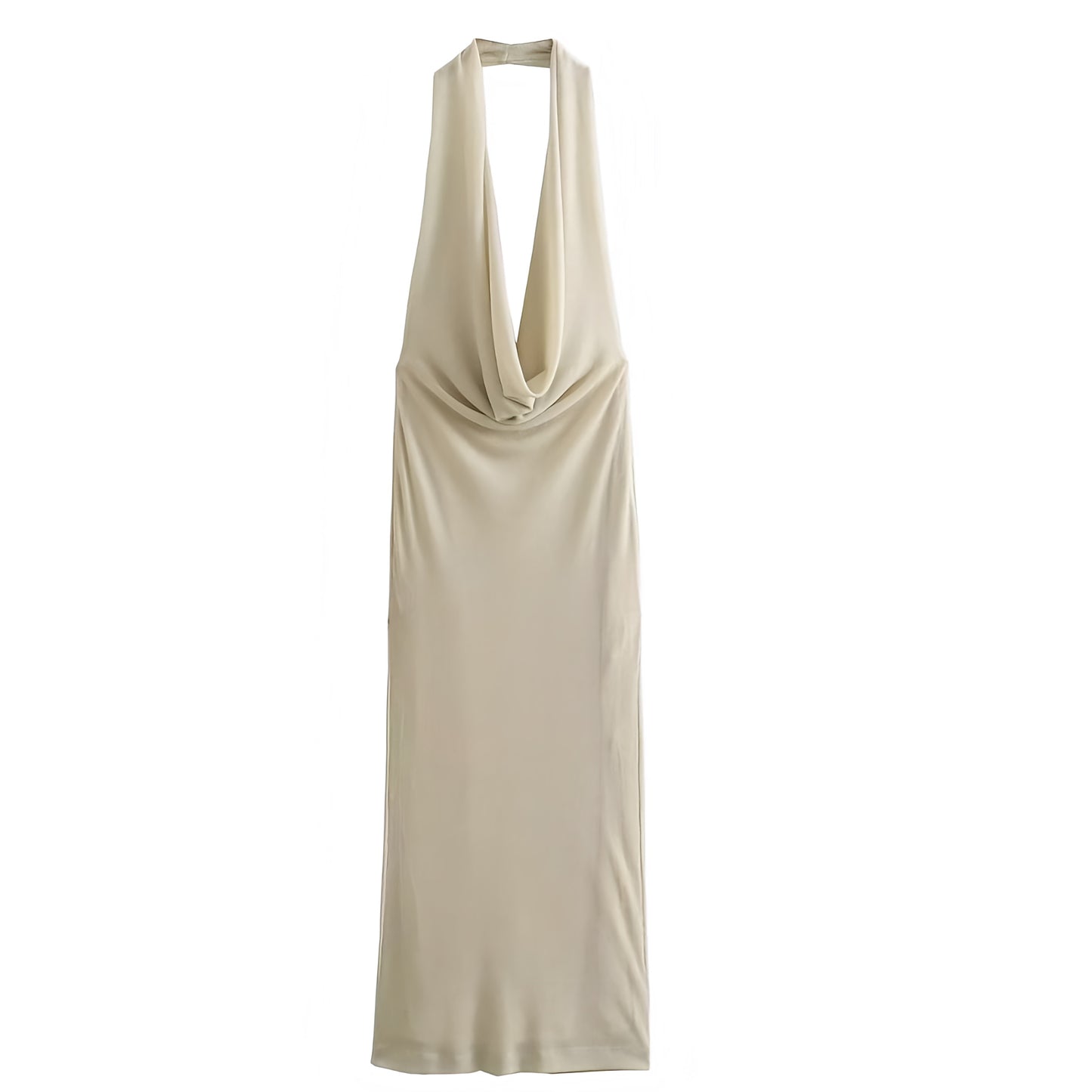Beige Bodycon Draped Sleeveless Scoop Neck Backless Halter Maxi Dress