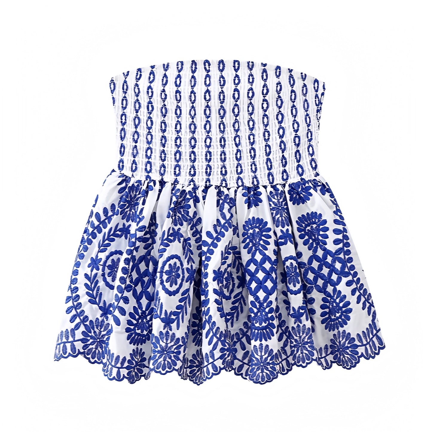 dark-navy-blue-and-white-eyelet-embroidered-floral-patterned-striped-smocked-ruffle-strapless-bandeau-cami-tank-top-blouse-women-ladies-chic-trendy-spring-2024-summer-elegant-casual-preppy-style-coastal-granddaughter-european-greece-beach-wear-tropical-vacation-shirts-zara-revolve-charo-ruiz-fillyboo