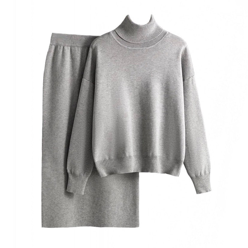 Light Grey Knit Woolen Turtleneck Long Sleeve Sweater & Maxi Skirt 2 Piece Set