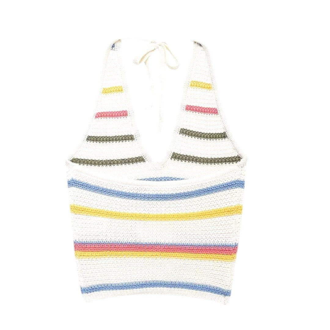 Polly Rainbow Striped Crochet Knit V-Neck Halter Tank Top