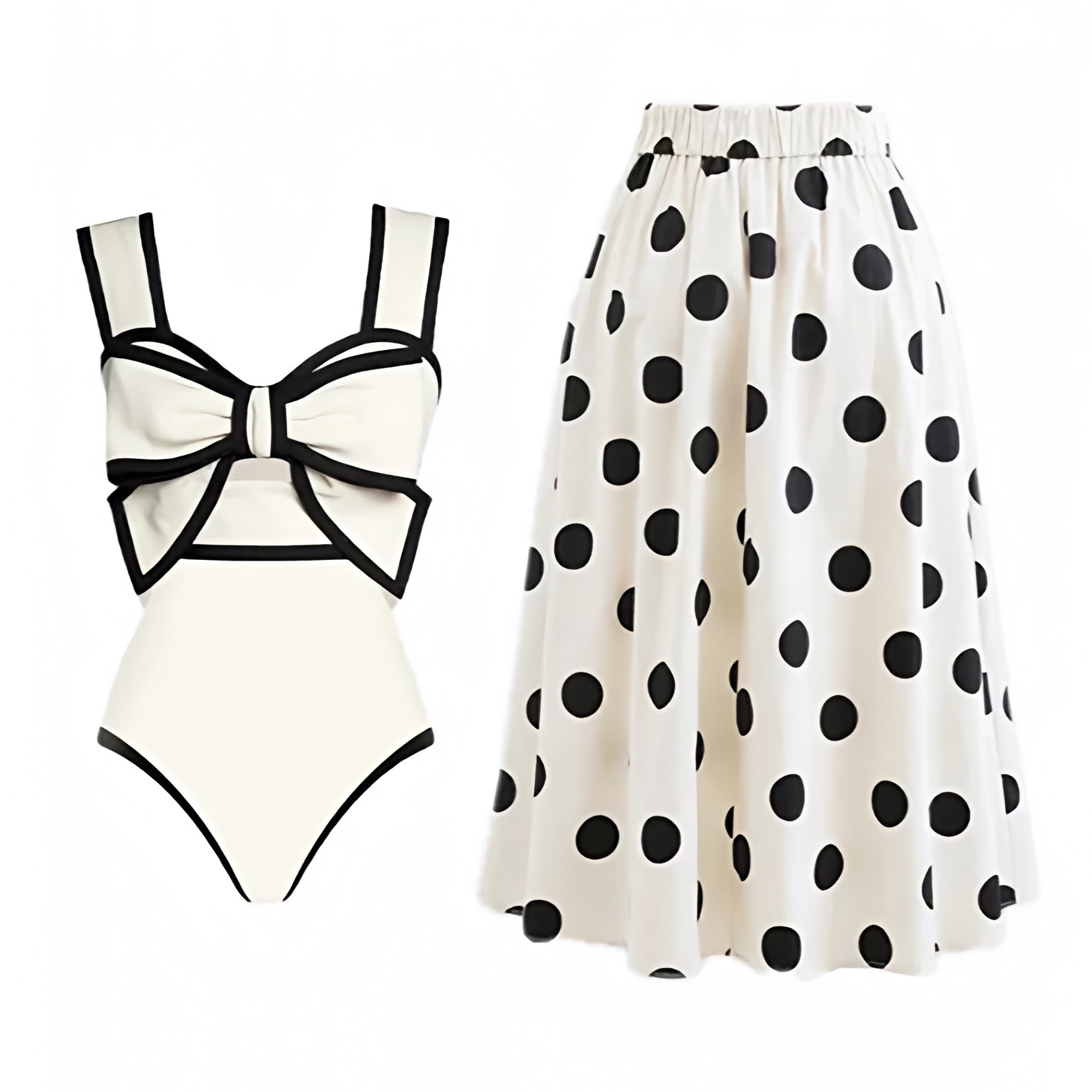 White Black Lined Bow Cut Out One Piece Swimsuit Polka Dot Cover Skirt