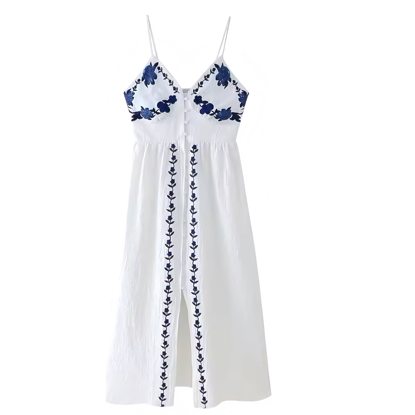 Paxos Dark Blue Floral Embroidered Button Down Spaghetti Strap Maxi Dress
