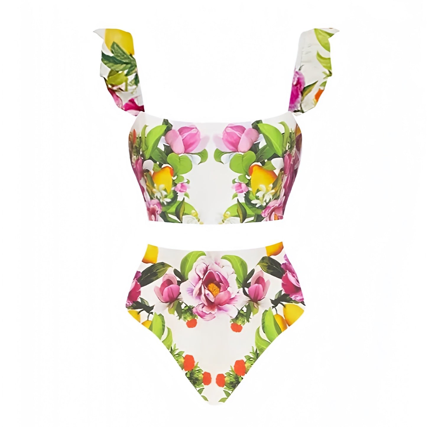 floral-print-white-light-pink-green-yellow-multi-color-flower-patterned-ruffle-trim-spaghetti-strap-short-puff-sleeve-square-neckline-bandeau-backless-open-back-boho-bohemian-wireless-push-up-cheeky-thong-2-piece-bikini-set-top-and-bottoms-swimsuit-swimwear-bathing-suit-women-ladies-teens-tweens-chic-trendy-spring-2024-summer-elegant-feminine-classic-classy-preppy-style-tropical-vacation-beach-wear-frankies-bikinis-loveshackfancy-revolve-fillyboo-blackbough-kulakinis-pacsun-dupe