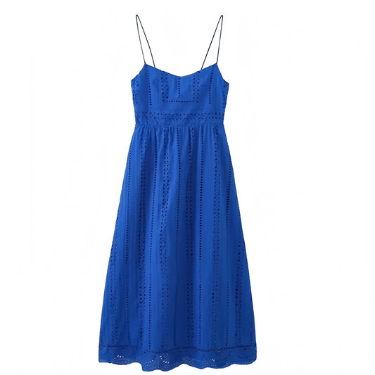 Dark Blue Eyelet Embroidered Spaghetti Strap Midi Dress