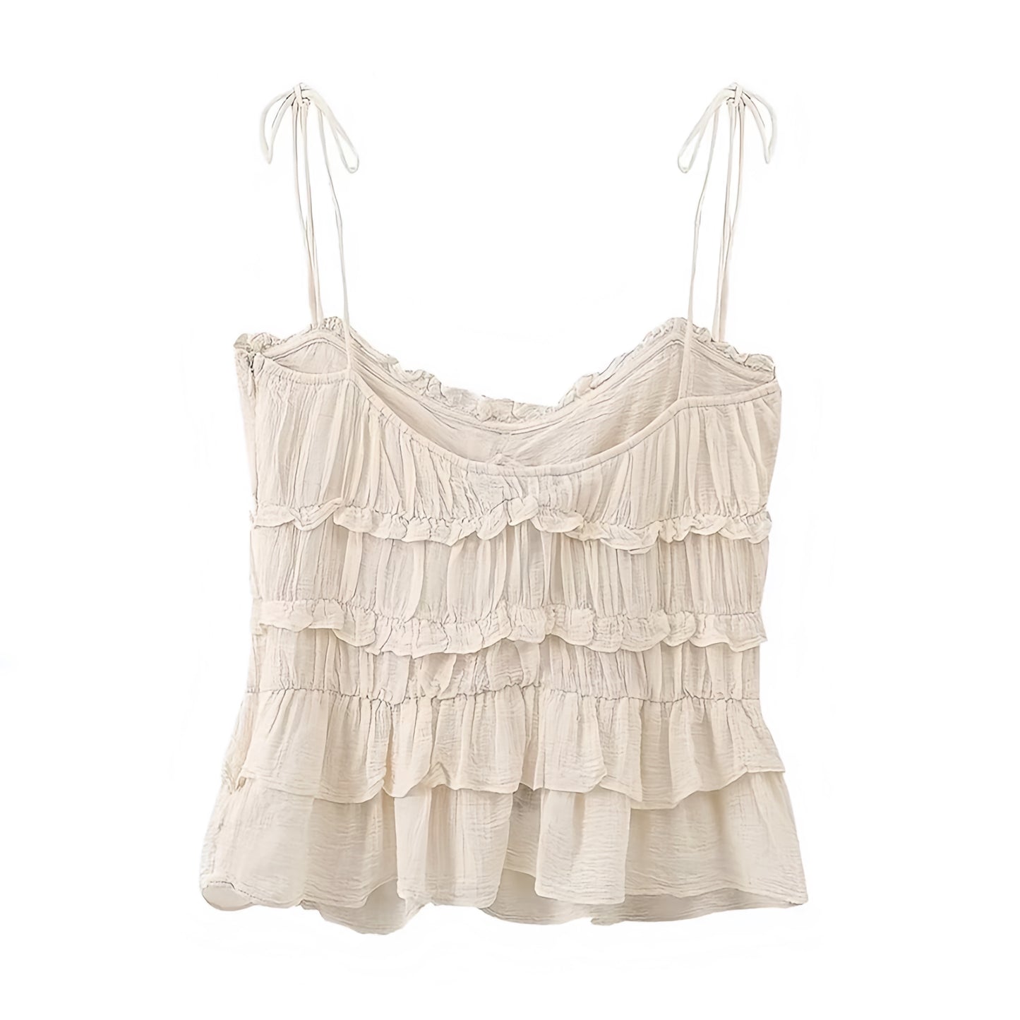 Light Beige Slim Fit Layered Ruffle Trim Tiered Spaghetti Strap Tank Top