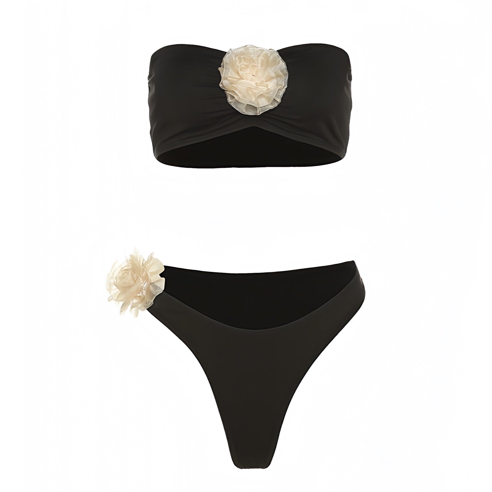 Black & Ivory White Rose 3D Flower Bandeau Strapless 2 Piece