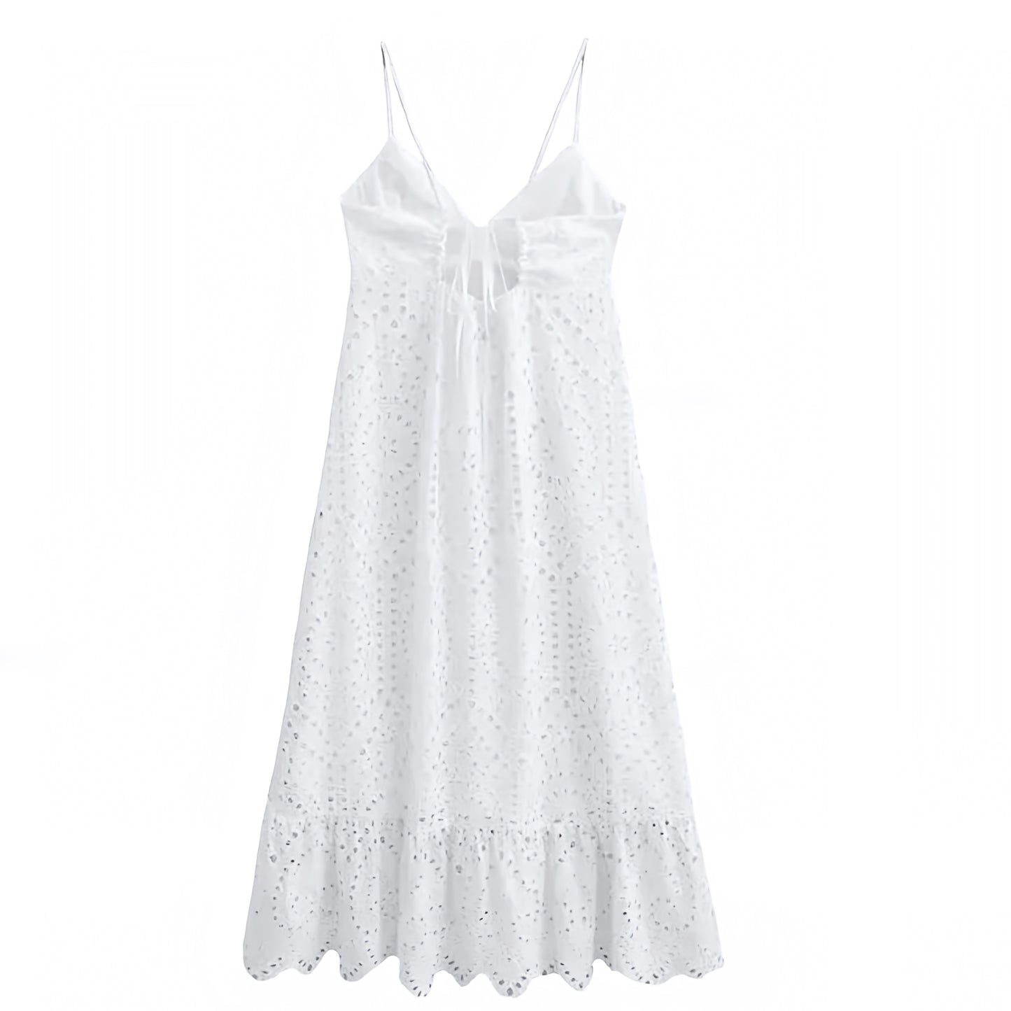 White Eyelet Embroidered Ruffle Trim Spaghetti Strap Backless Maxi Dress