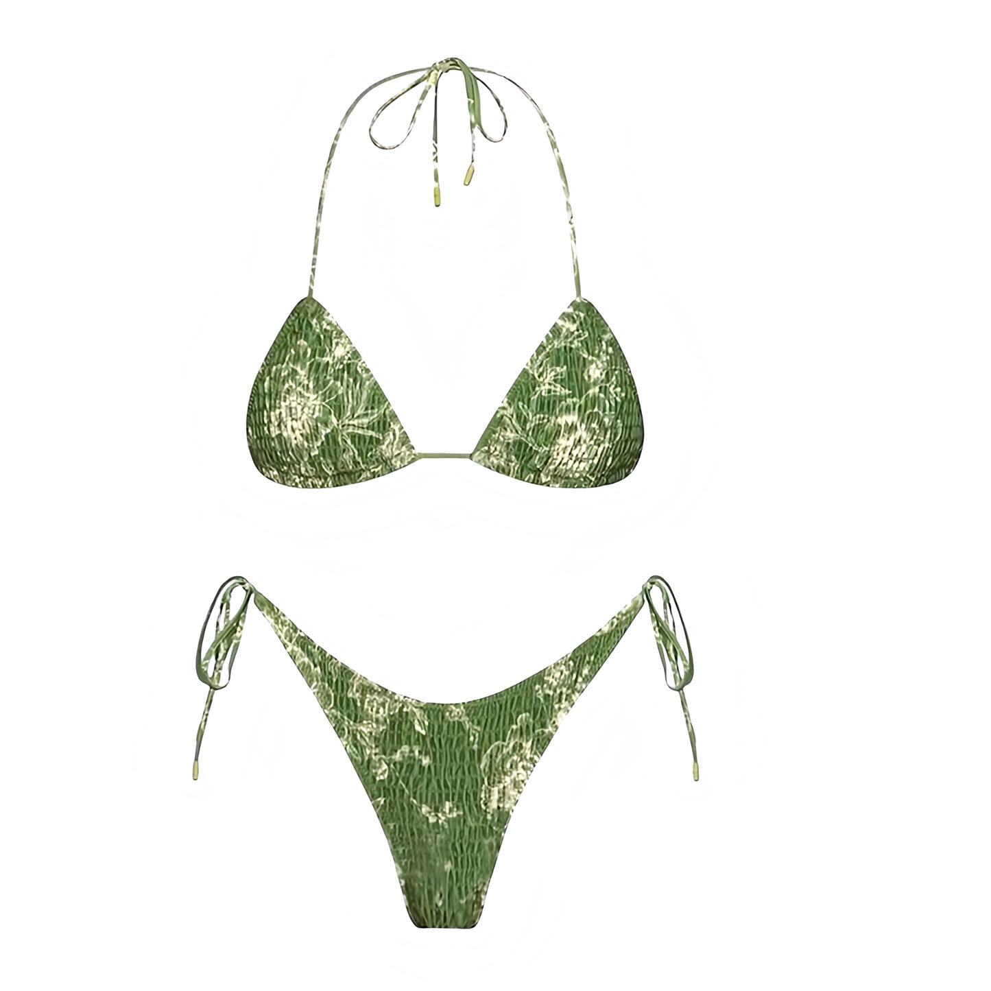 Olive Green Floral Print Ruched 2 Piece Triangle Bikini Set