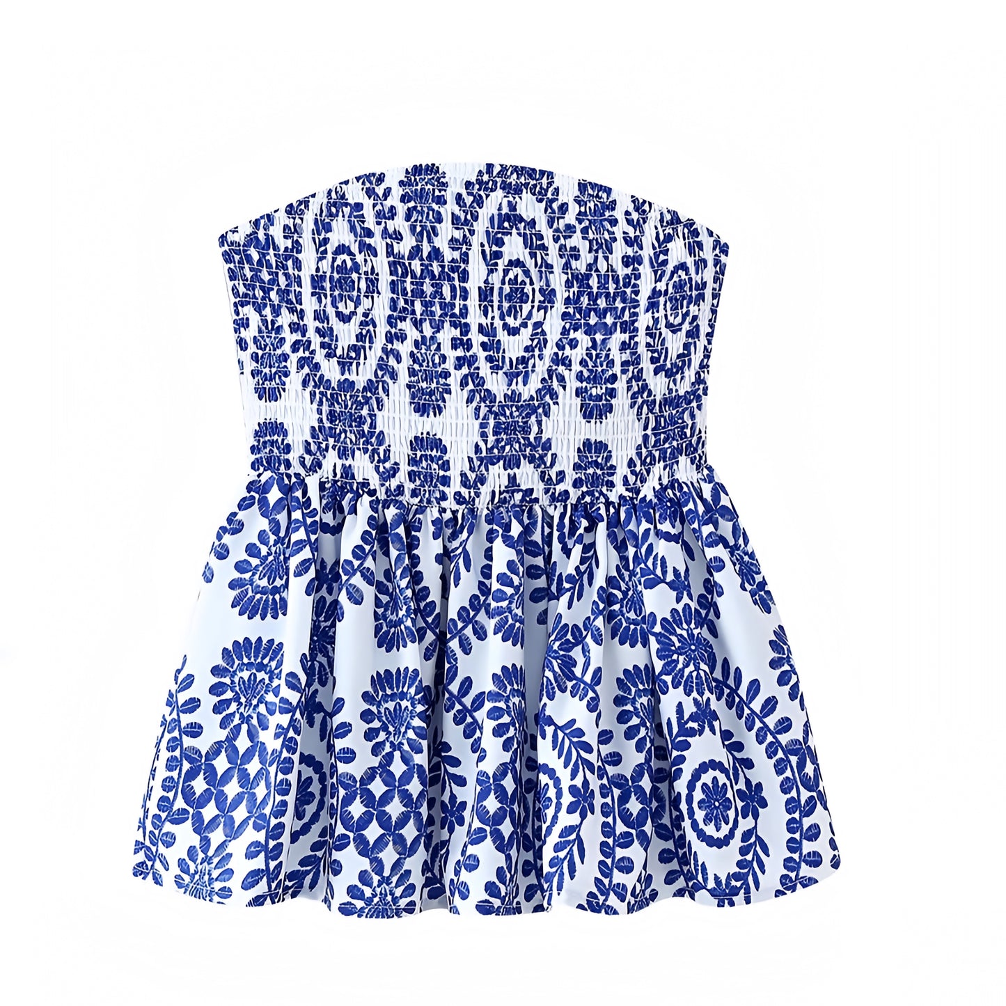 Paros Dark Blue Floral Embroidered Smocked Strapless Camisole Top