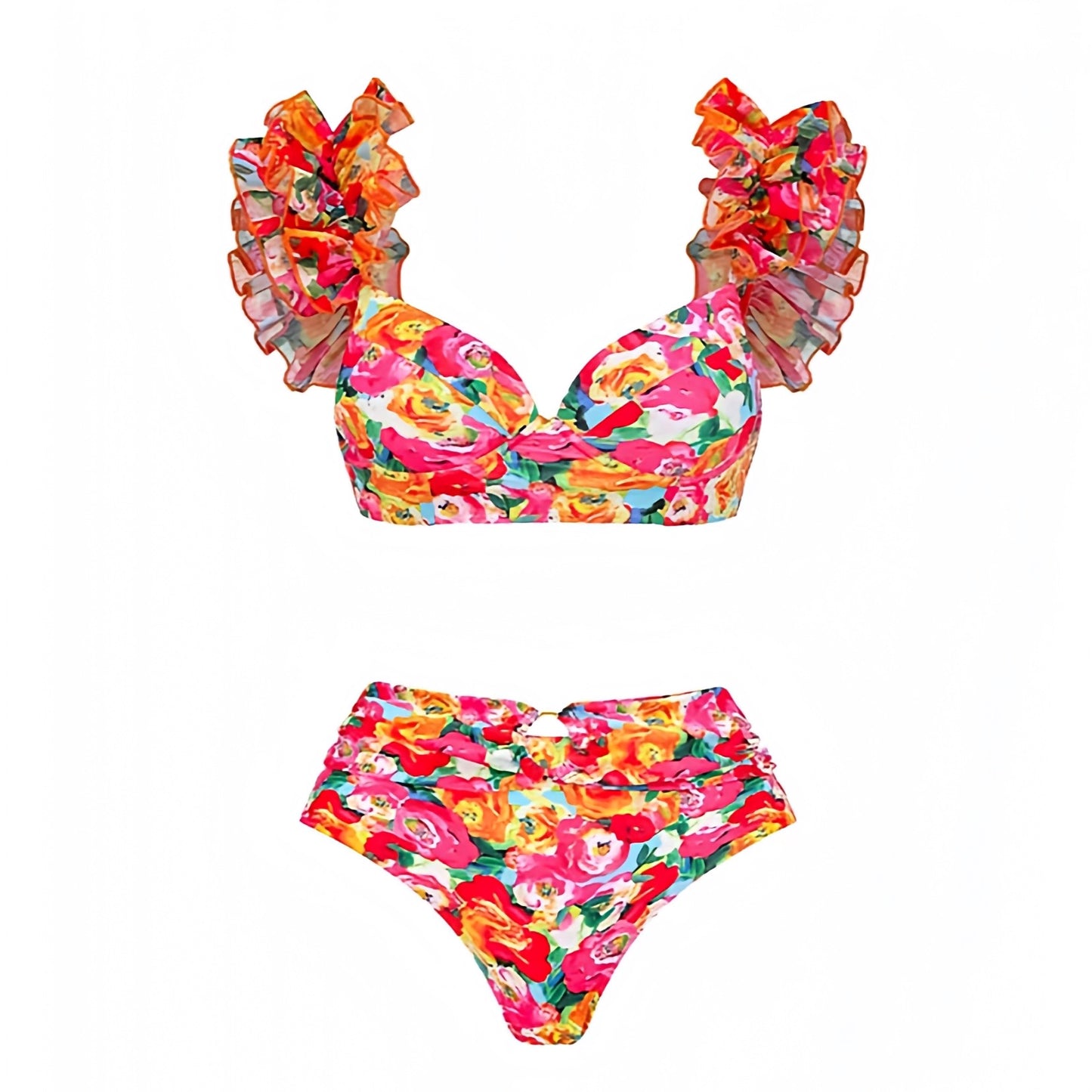 floral-print-rainbow-red-pink-yellow-green-orange-multi-color-flower-patterned-cut-out-layered-ruffle-trim-sweetheart-neckline-short-puff-sleeve-backless-open-back-underwire-push-up-cheeky-thong-boho-bohemian-2-piece-bikini-set-top-and-bottoms-swimsuit-swimwear-bathing-suit-women-ladies-teens-tweens-chic-trendy-spring-2024-summer-feminine-preppy-style-hawaiian-tropical-vacation-beach-wear-revolve-loveshackfancy-frankies-bikinis-blackbough-kulakinis-fillyboo-dupe