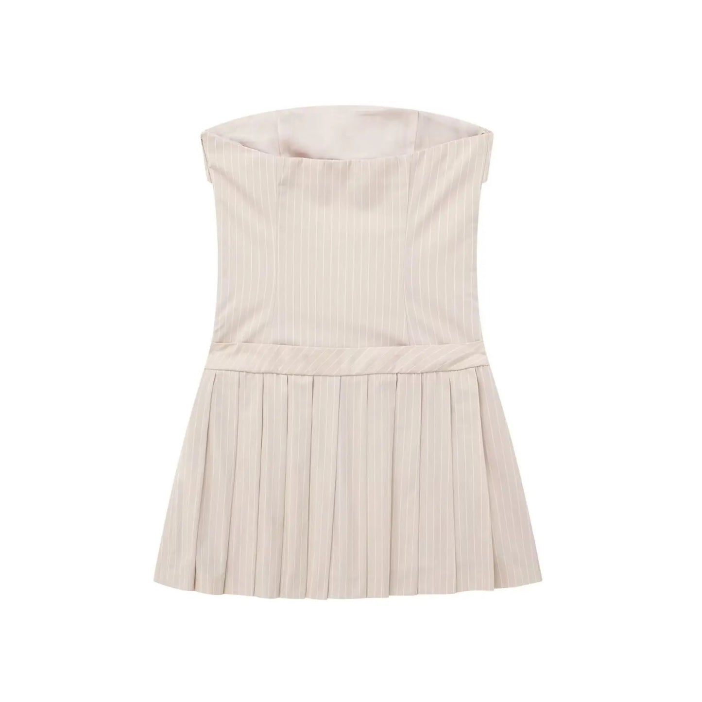 Beige Pinstriped Strapless Corset Drop Waist Pleated Mini Dress