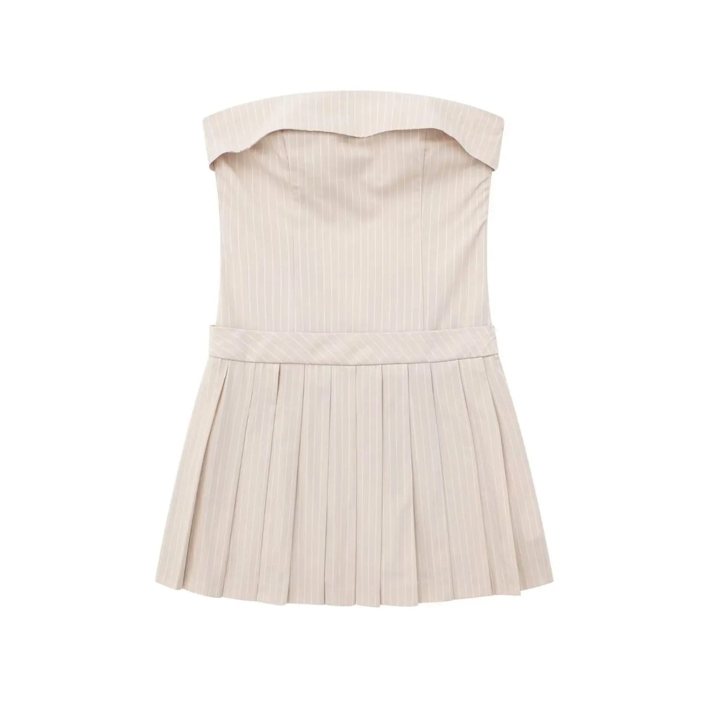 Beige Pinstriped Strapless Corset Drop Waist Pleated Mini Dress