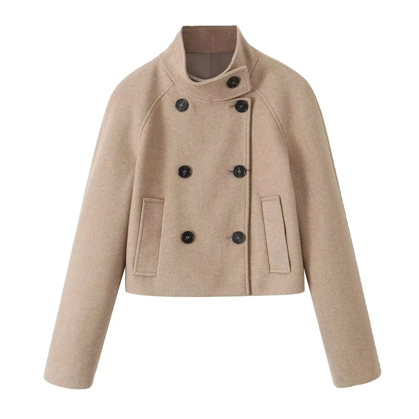 Khaki Woolen Long Sleeve Cropped Turtleneck Overcoat Jacket