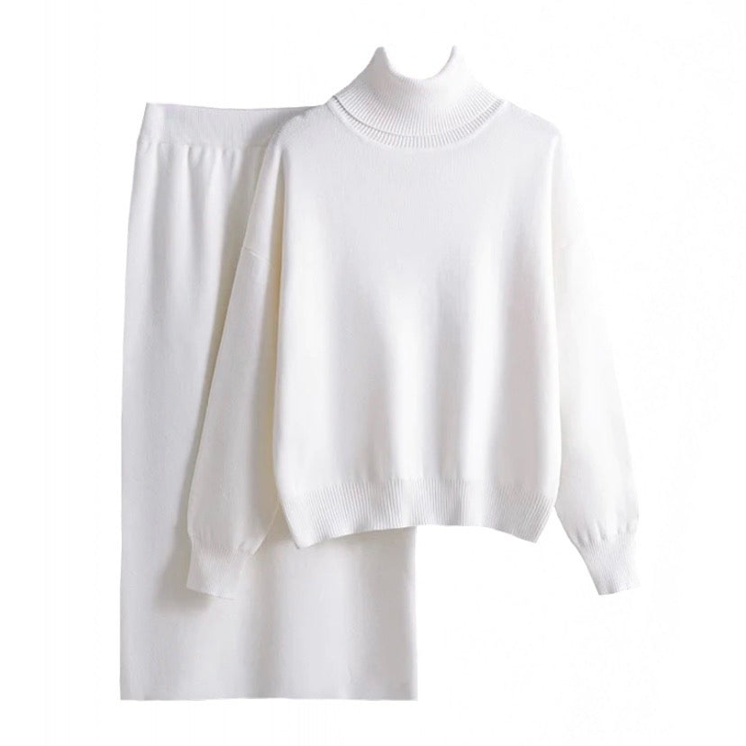 White Knit Woolen Turtleneck Long Sleeve Sweater & Maxi Skirt 2 Piece Set