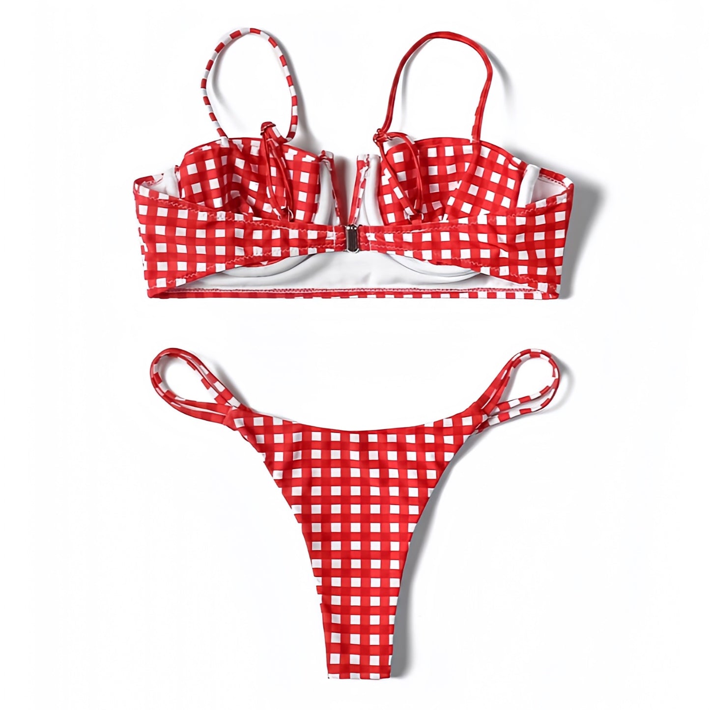 cherry-red-and-white-gingham-checkered-plaid-print-patterned-spaghetti-strap-sleeveless-sweetheart-neckline-underwire-push-up-cheeky-thong-string-2-piece-bikini-set-swimsuit-swimwear-bathing-suit-women-ladies-teens-tweens-chic-trendy-spring-2024-summer-elegant-feminine-classic-preppy-style-american-4th-of-july-beach-wear-frankies-bikinis-blackbough-kulakinis-dupe