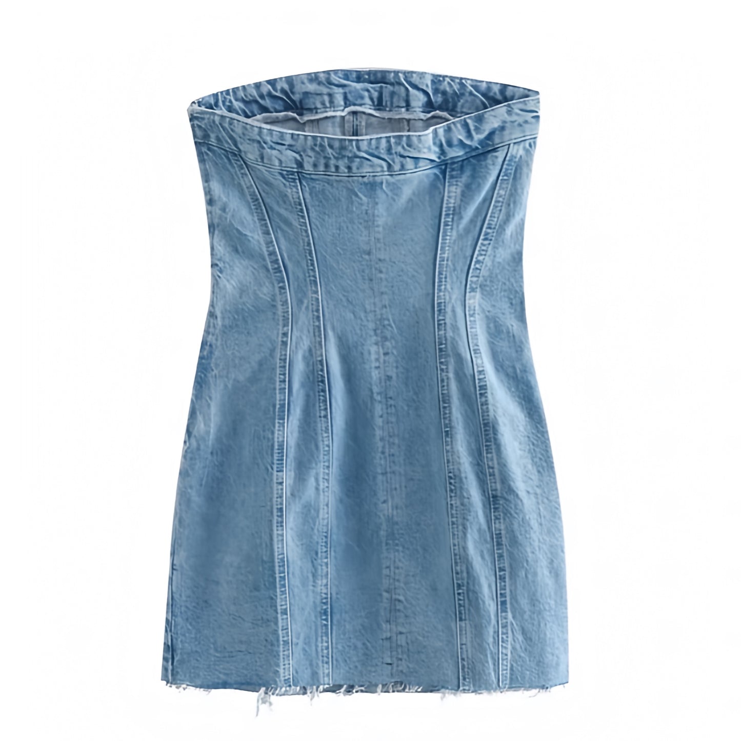 Light Wash Blue Faded Bodycon Strapless Denim Mini Dress