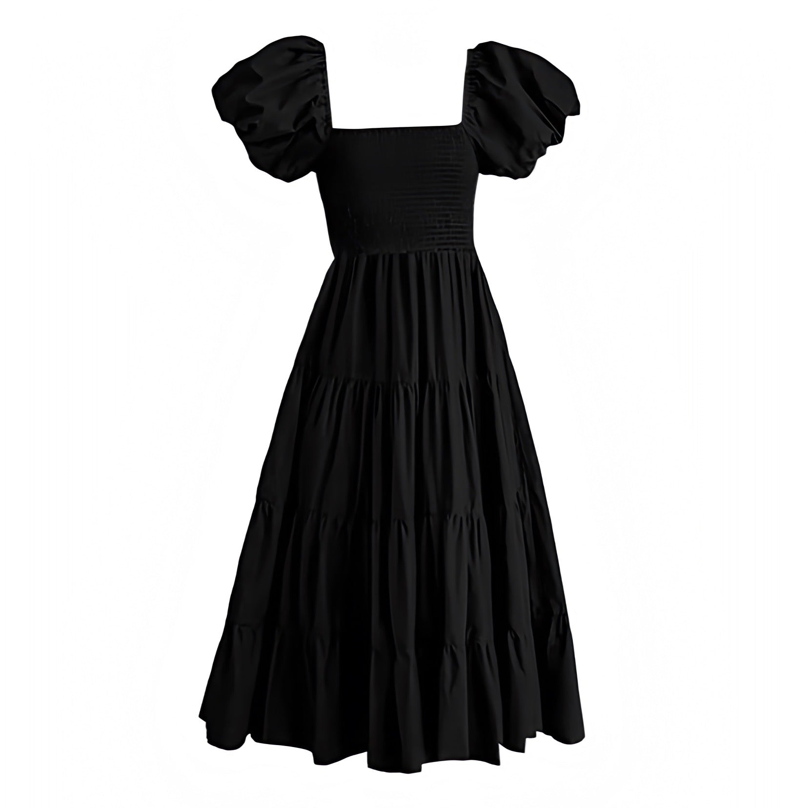 Women's Black Smocked Linen Tiered Short Puff Sleeve Flowy Maxi Dress Dazey Hill Women's Black Smocked Linen Tiered Short Puff Sleeve Flowy Maxi Dress Dazey Hill