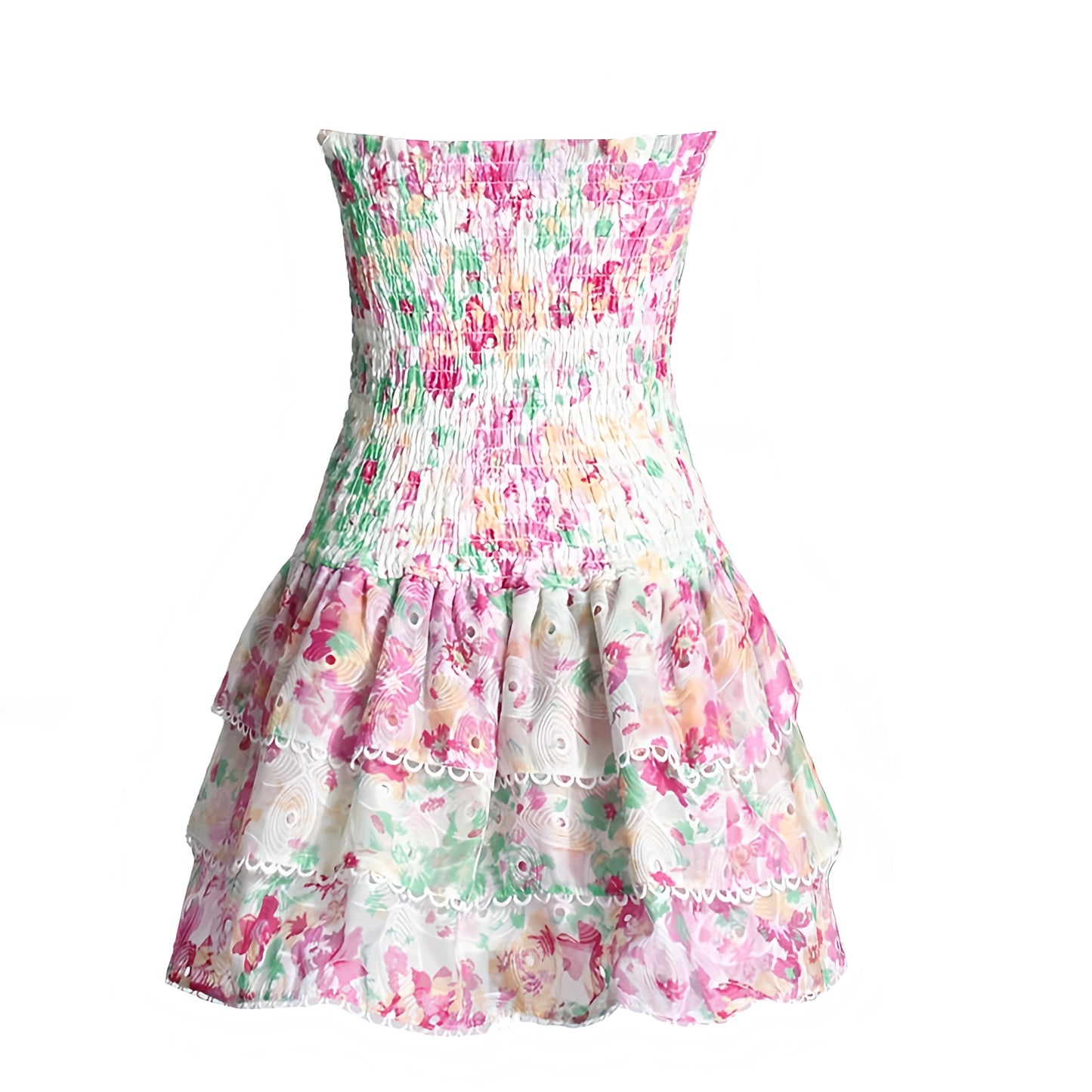 Addison floral pink white green multicolor eyelet embroidered strapless smocked mini dress with layered ruffle trim and tiered flared skirt. Slim fit bodycon corset bustier silhouette with ruched shirred detailing and sweetheart neckline. Chic summer sundress for womens teens ladies perfect for party dress prom hoco homecoming graduation beach vacation ibiza style boho chic resort wear coastal aesthetic euro summer loveshackfancy dupe zimmermann dupe.