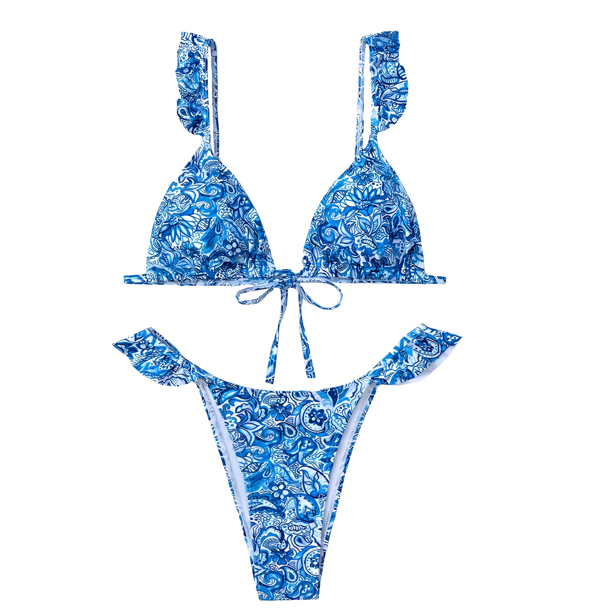 Almafi Blue Floral Patterned Ruffle Trim 2 Piece Triangle Bikini Set for women, teens, and ladies. Features blue, white, and multicolor floral geometric patterned print, ruffle trim ruched triangle bikini top with v neck spaghetti straps, sleeveless backless string tie design, wireless wire-free push up fit, and matching bikini bottoms in cheeky thong or full coverage. Sexy feminine Y2K chic trendy summer 2025 swimwear, Euro summer, Greece Mamma Mia coastal granddaughter style, Hawaii tropical vacation.