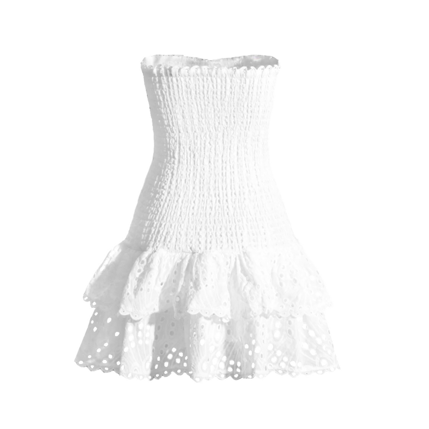White eyelet embroidered floral anglaise strapless smocked mini dress with layered ruffle trim and tiered flared skirt. Slim fit bodycon corset bustier silhouette with ruched shirred detailing. Chic summer sundress for womens teens ladies perfect for party dress prom hoco homecoming graduation beach vacation ibiza style boho chic resort wear coastal granddaughter aesthetic loveshackfancy dupe zimmerman dupe.