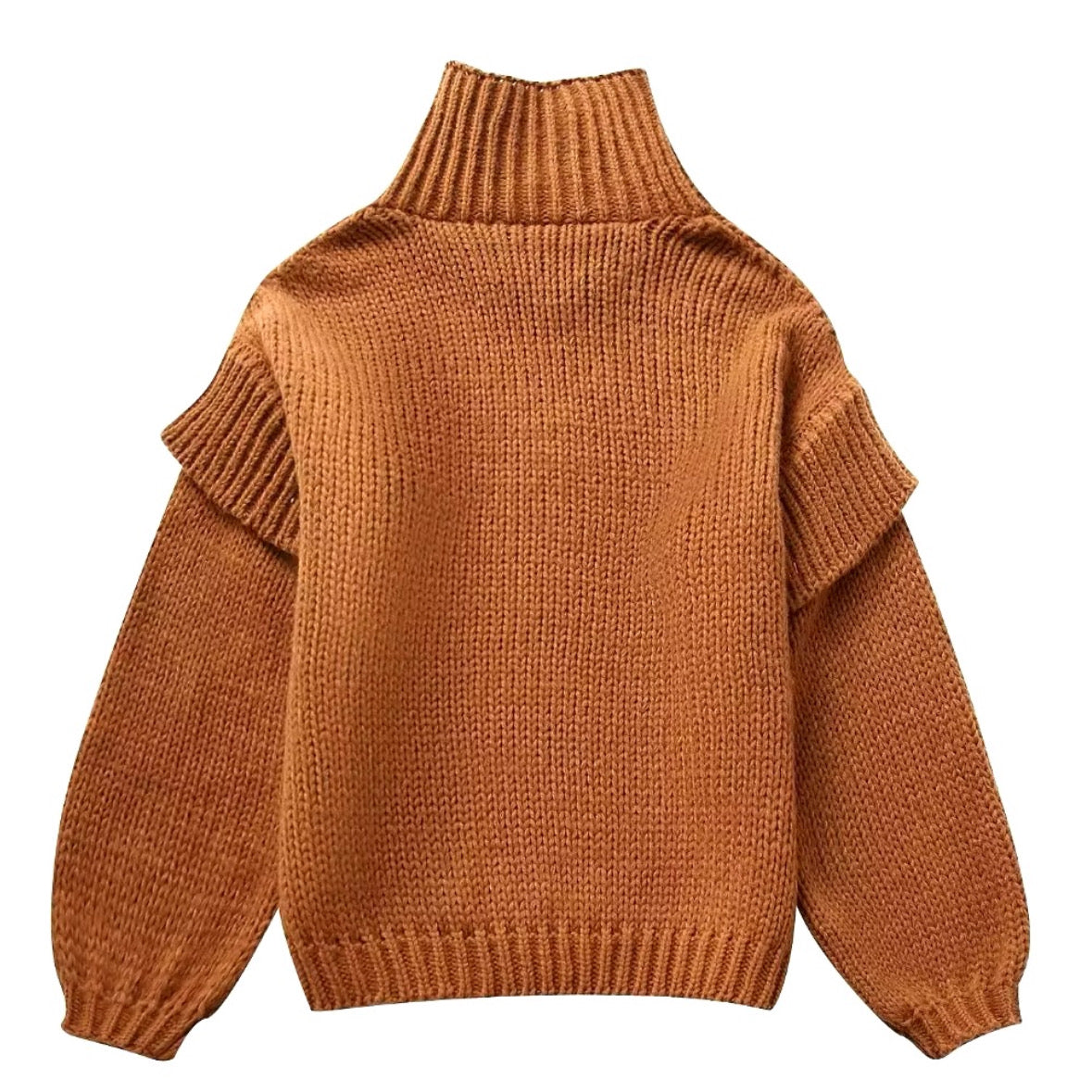 Autumn Brown Chunky Knit Oversized Balloon Sleeve Turtleneck Pullover Sweater for women and teens. Soft, cozy, warm, thick ribbed knitwear with high neck, cuffed sleeves, and relaxed oversized fit. Perfect for fall, winter, and holiday outfits. Elegant and trendy caramel brown, rust brown, and cinnamon brown fashion sweater. Ships globally to US, UK, Australia, Canada, Europe, Asia, and worldwide destinations.