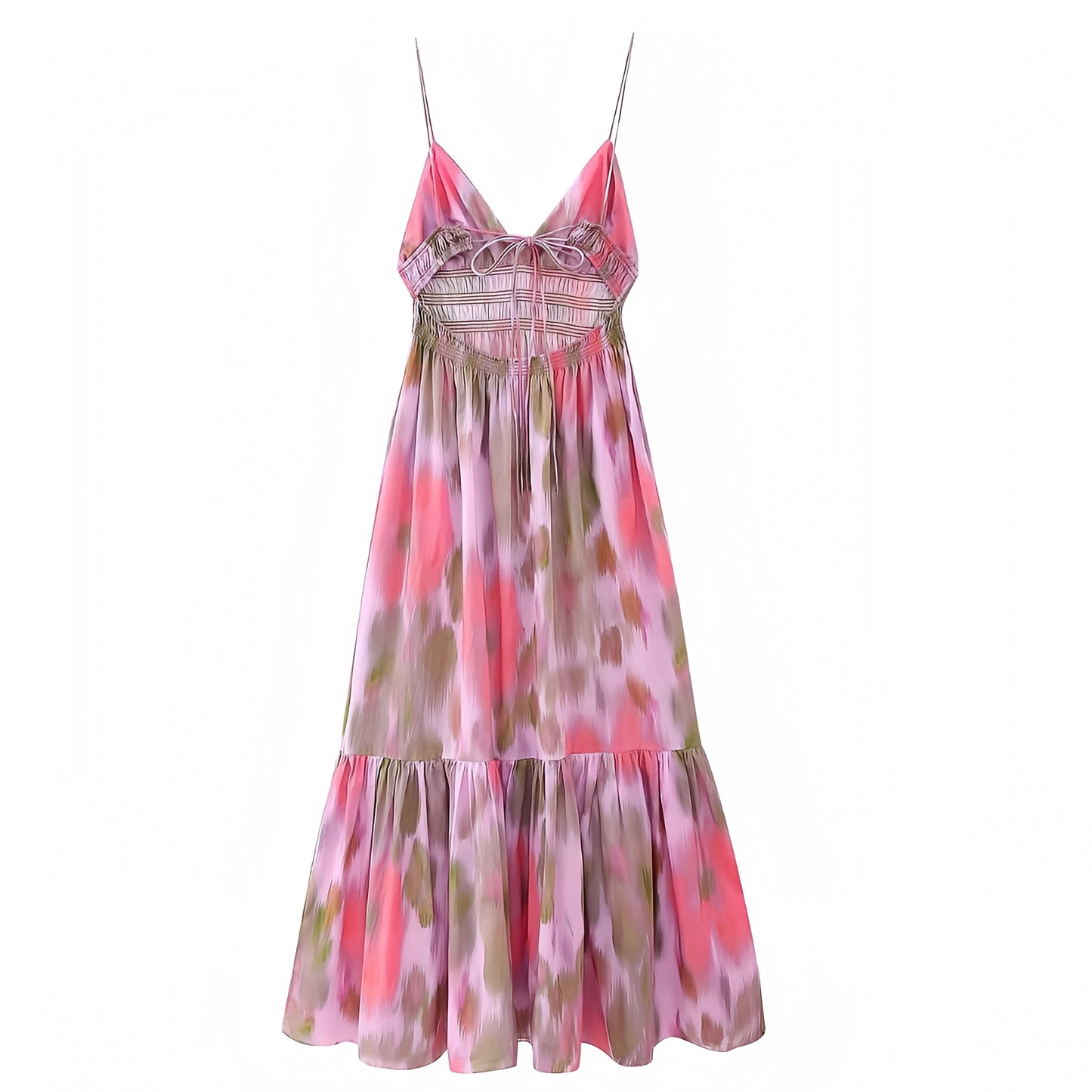 Malta Multi-Color Smocked Spaghetti Strap Tiered Backless Maxi Dress